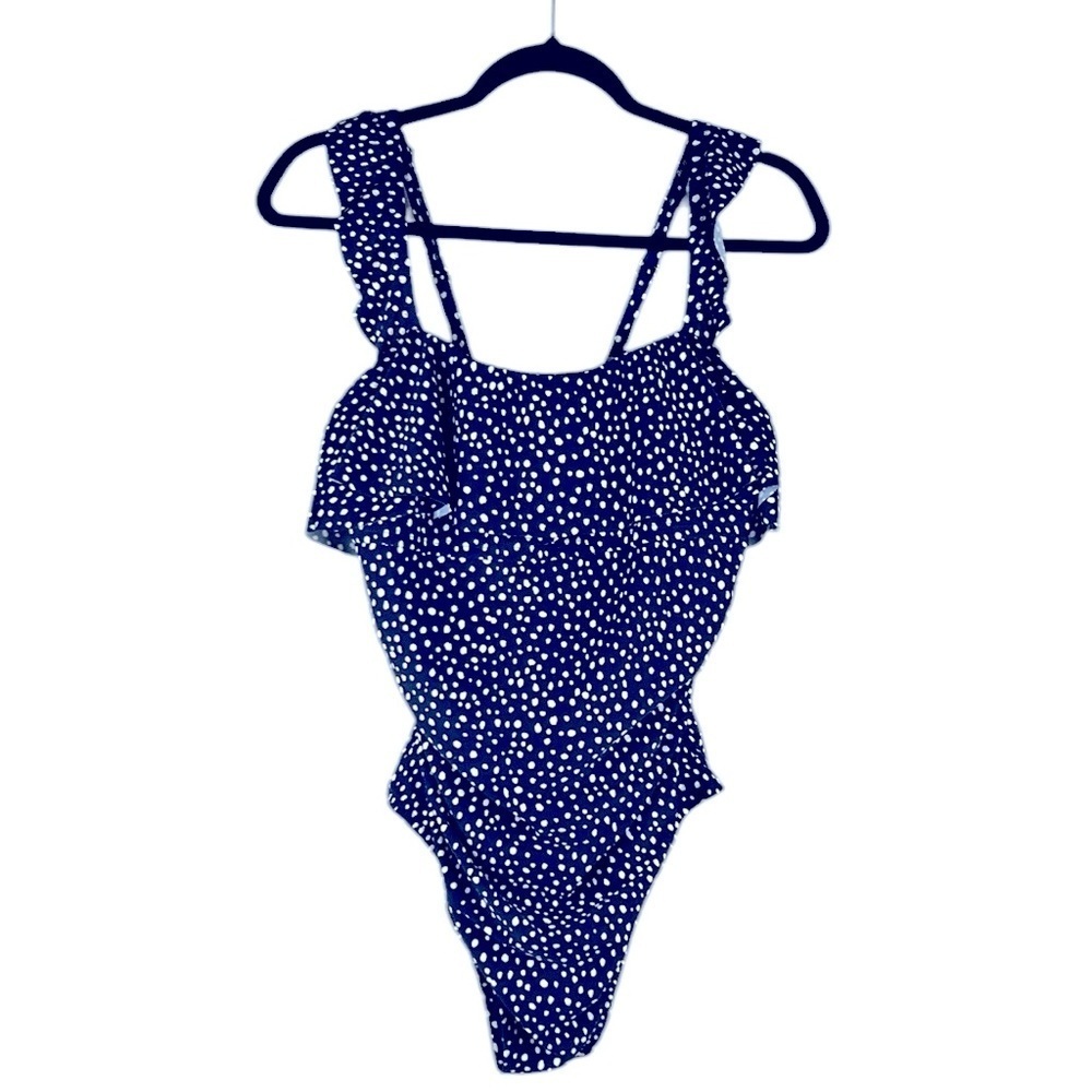 Kona Sol Navy & White Polka Dost Ruffle One Piece Summer Swimsuit Size 14